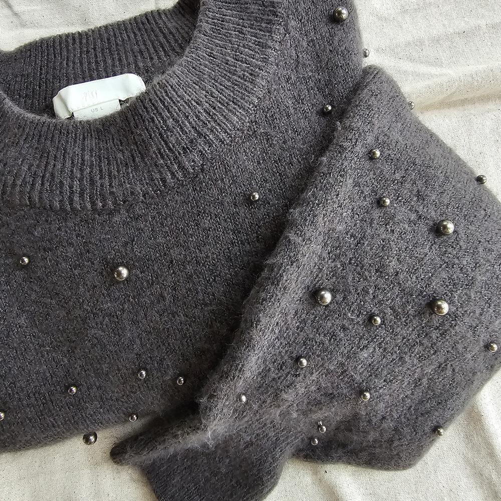 H&M Gray Crew Neck Sweater with Metallic Studs